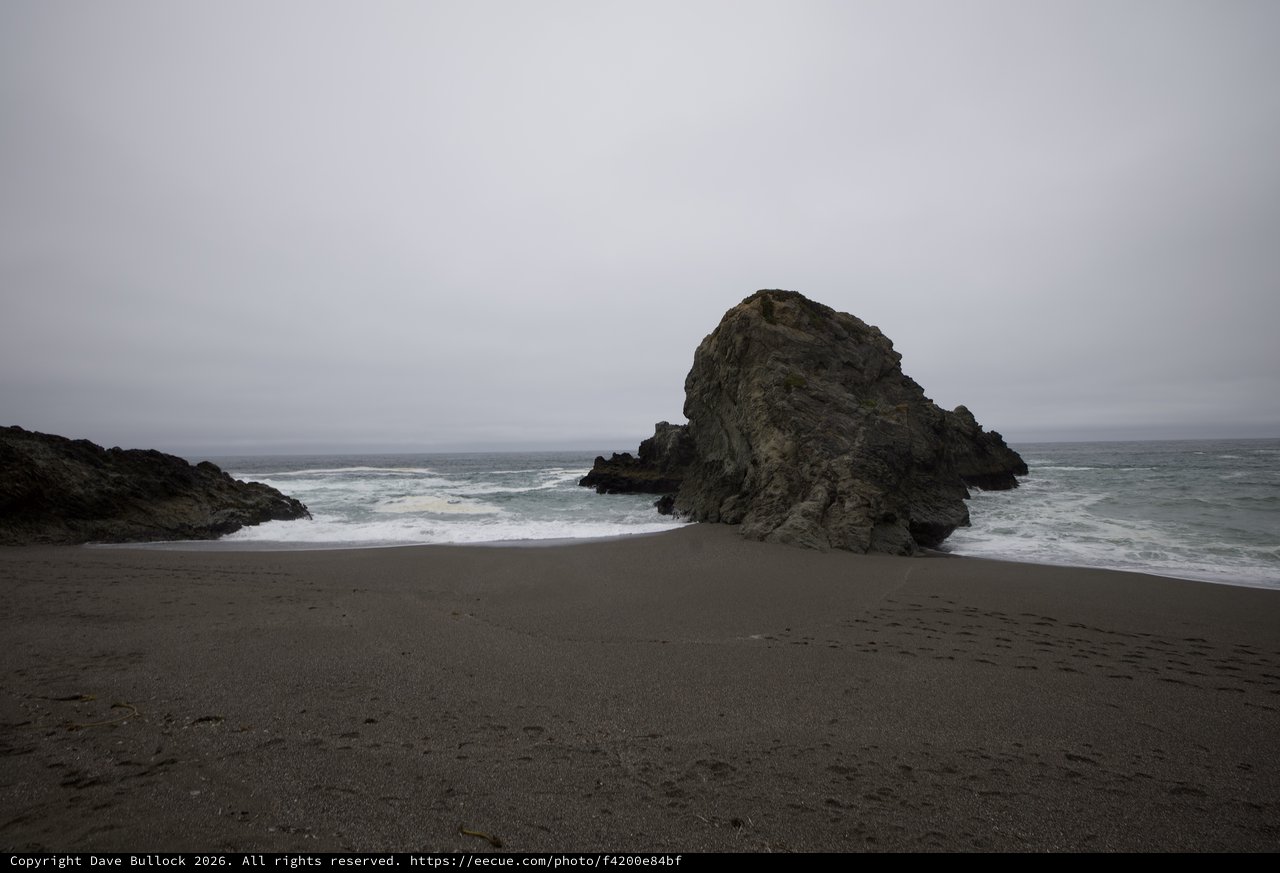 Moody Sea Stack on a Fog-Shrouded Northern California Beach