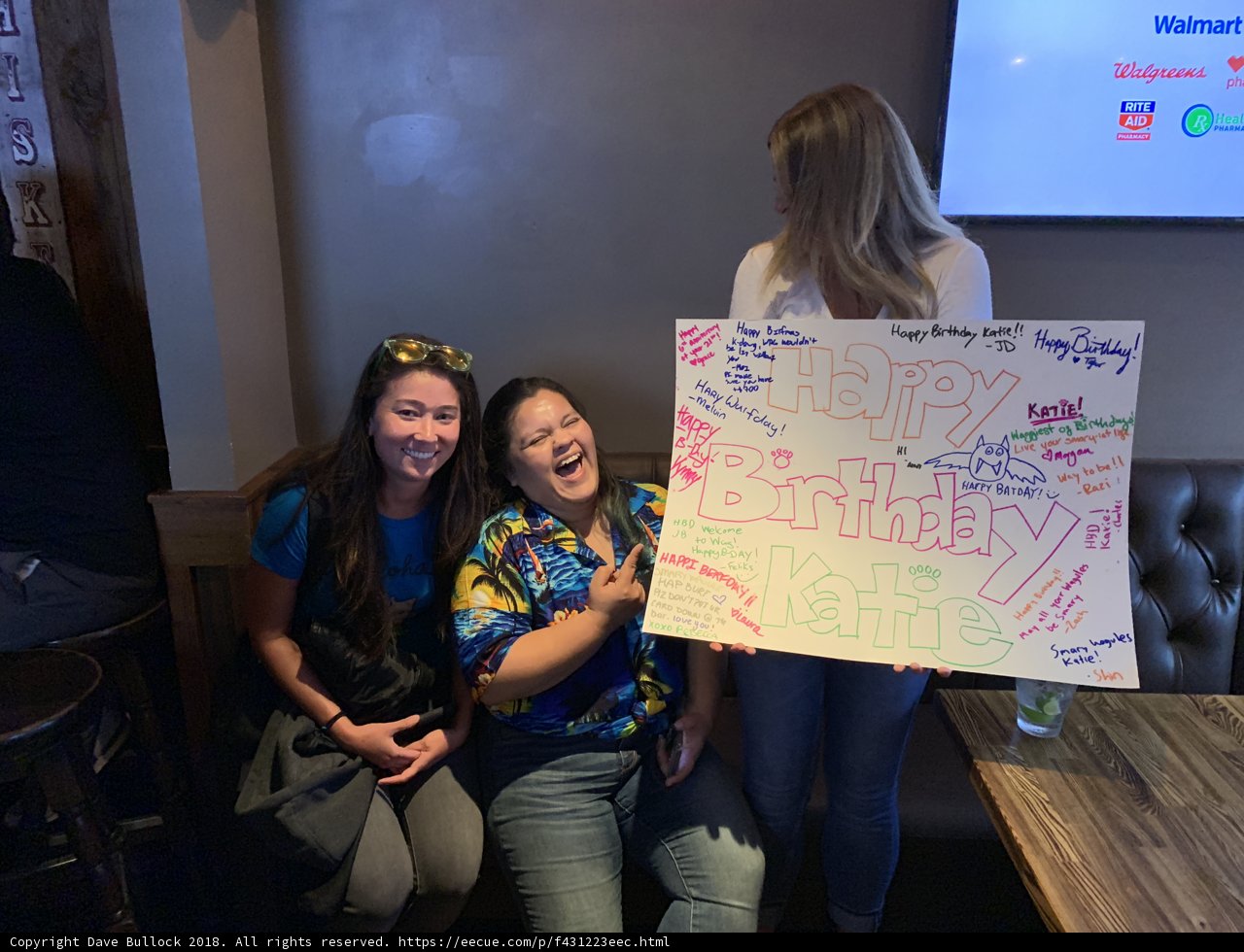 Three Women Celebrate with a Happy Birthday Sign