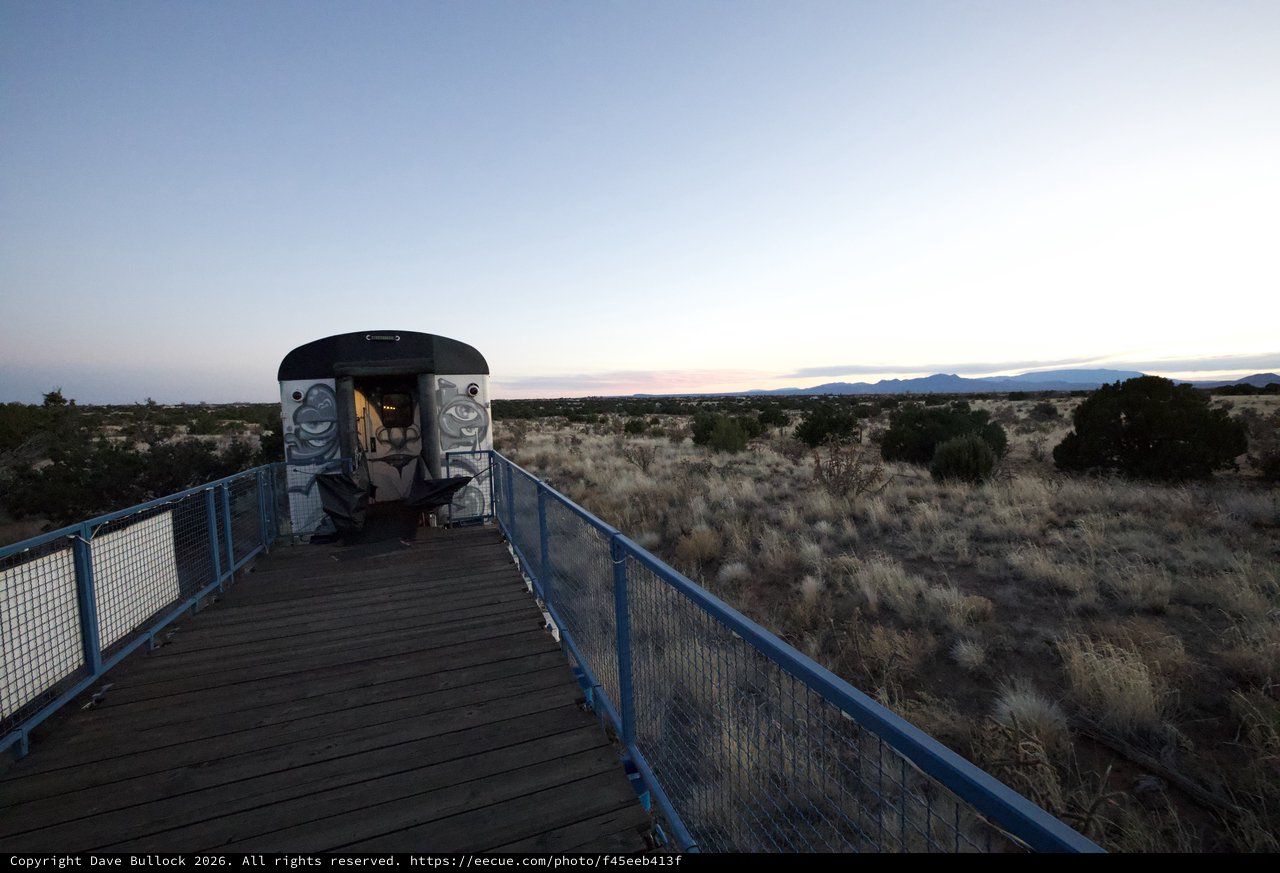 Desert Train Car Observation Deck at Twilight