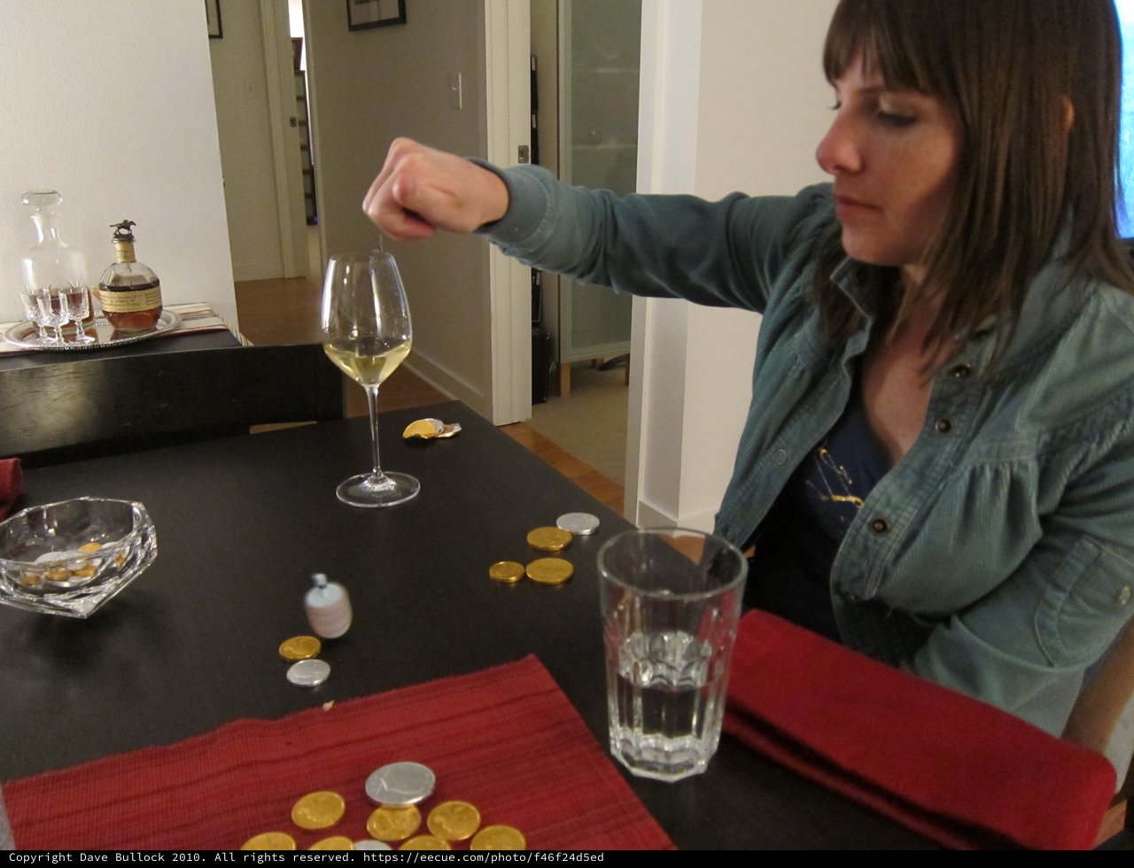 Dropping a Coin into Wine Glass at Hanukkah Party
