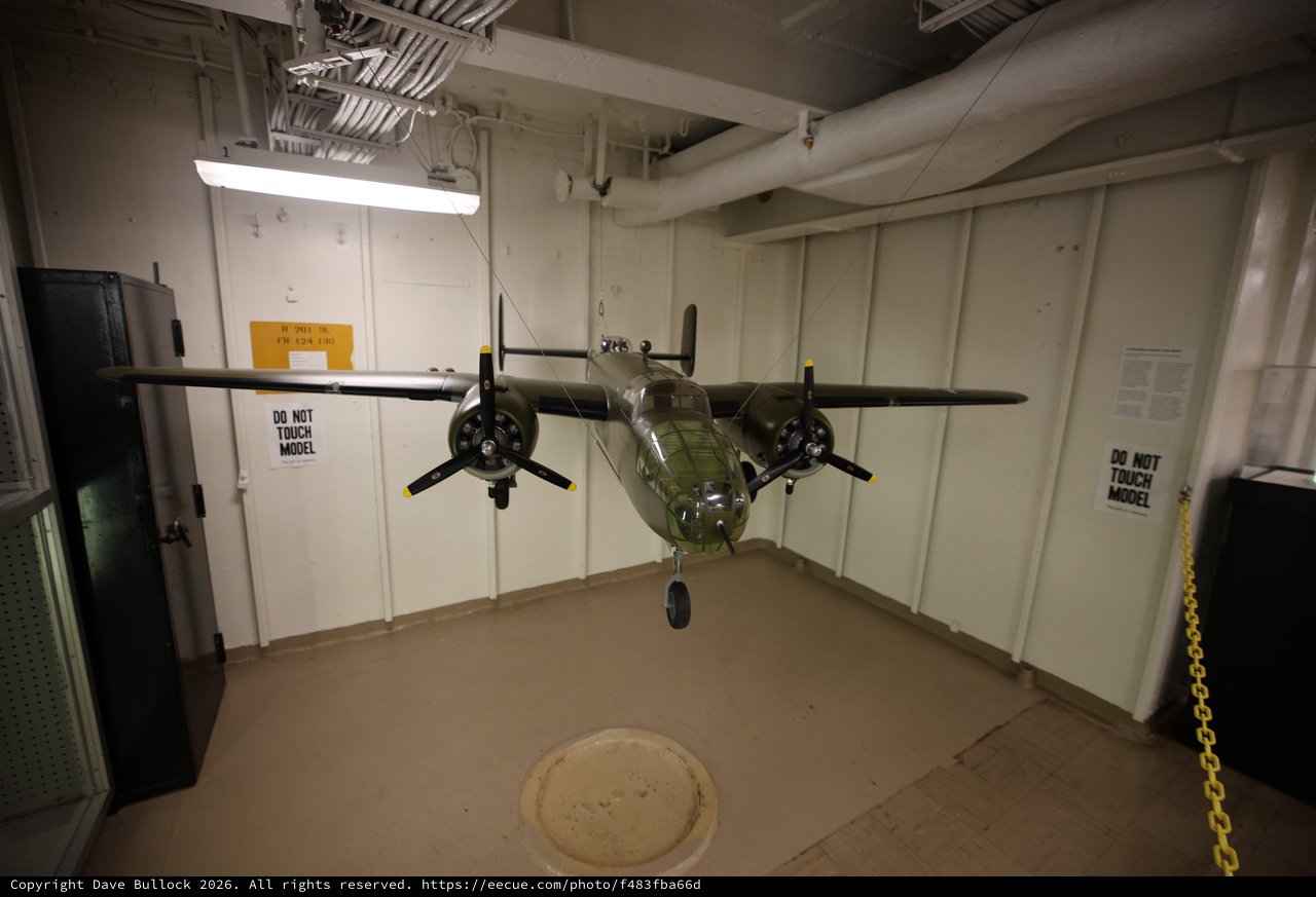 Vintage Military Aircraft Model Suspended in USS Hornet Museum
