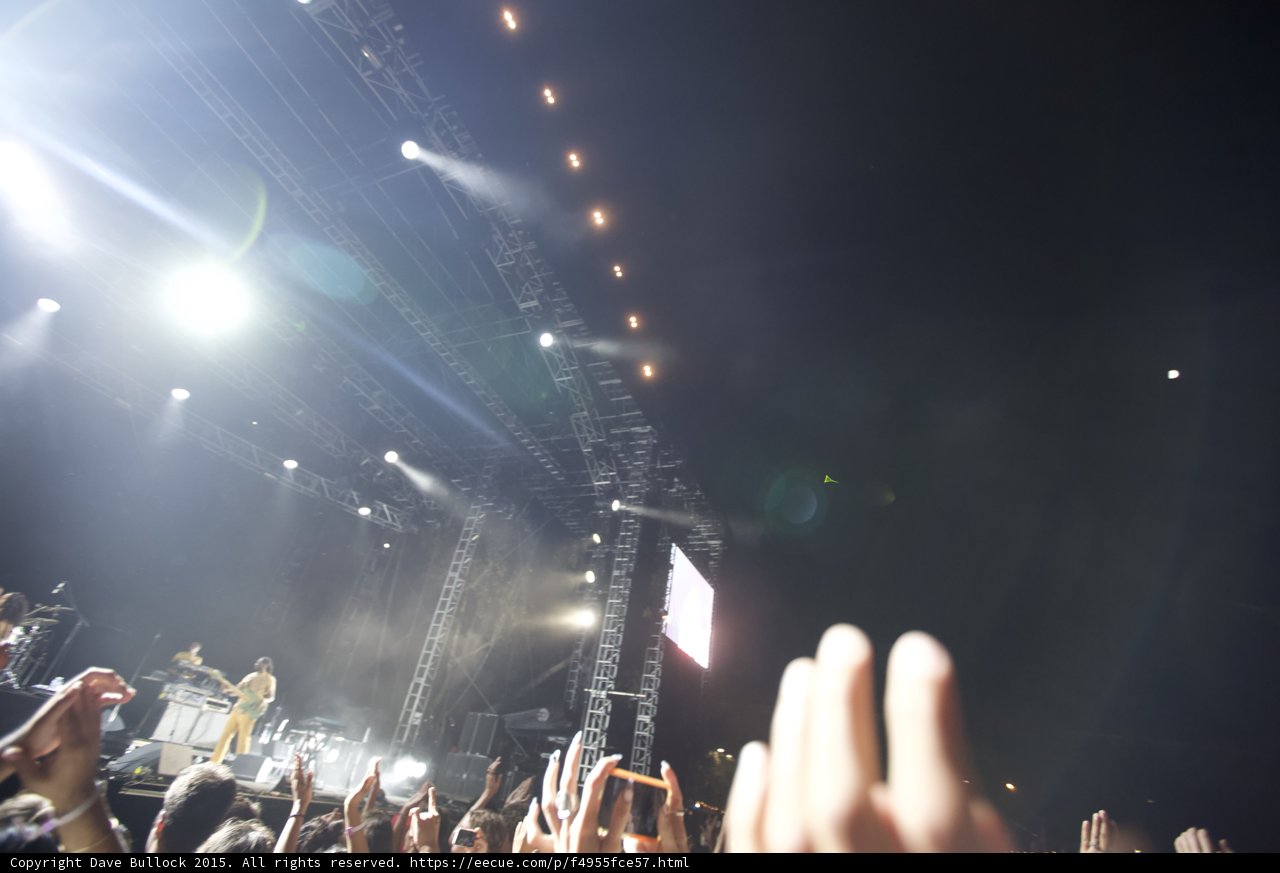 FYF Fest Wide Stage Scaffolding Spotlight Beams Video Screen Hand Raised Night