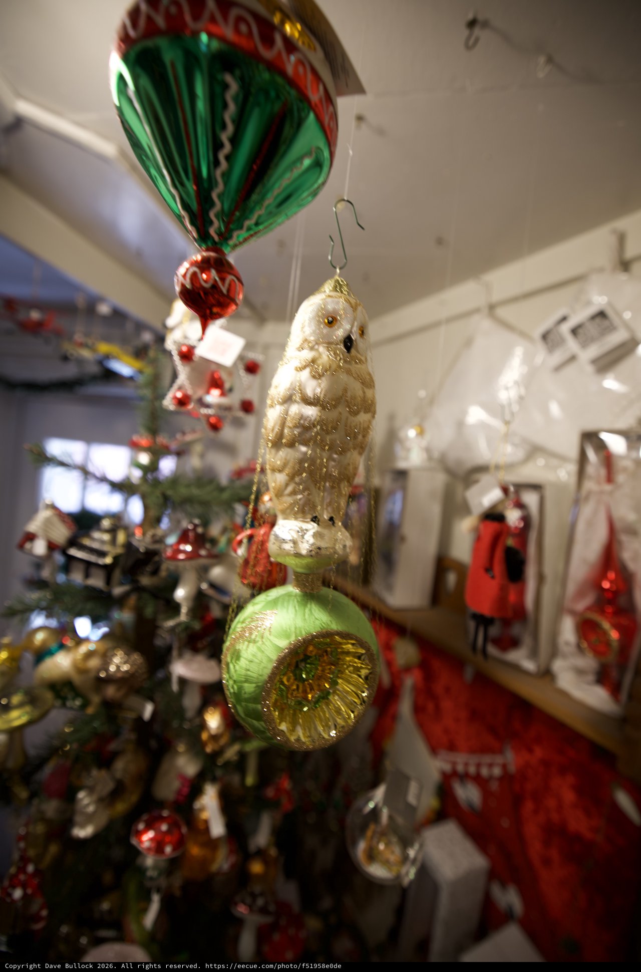 Vintage Golden Owl Christmas Ornament on Green Ball