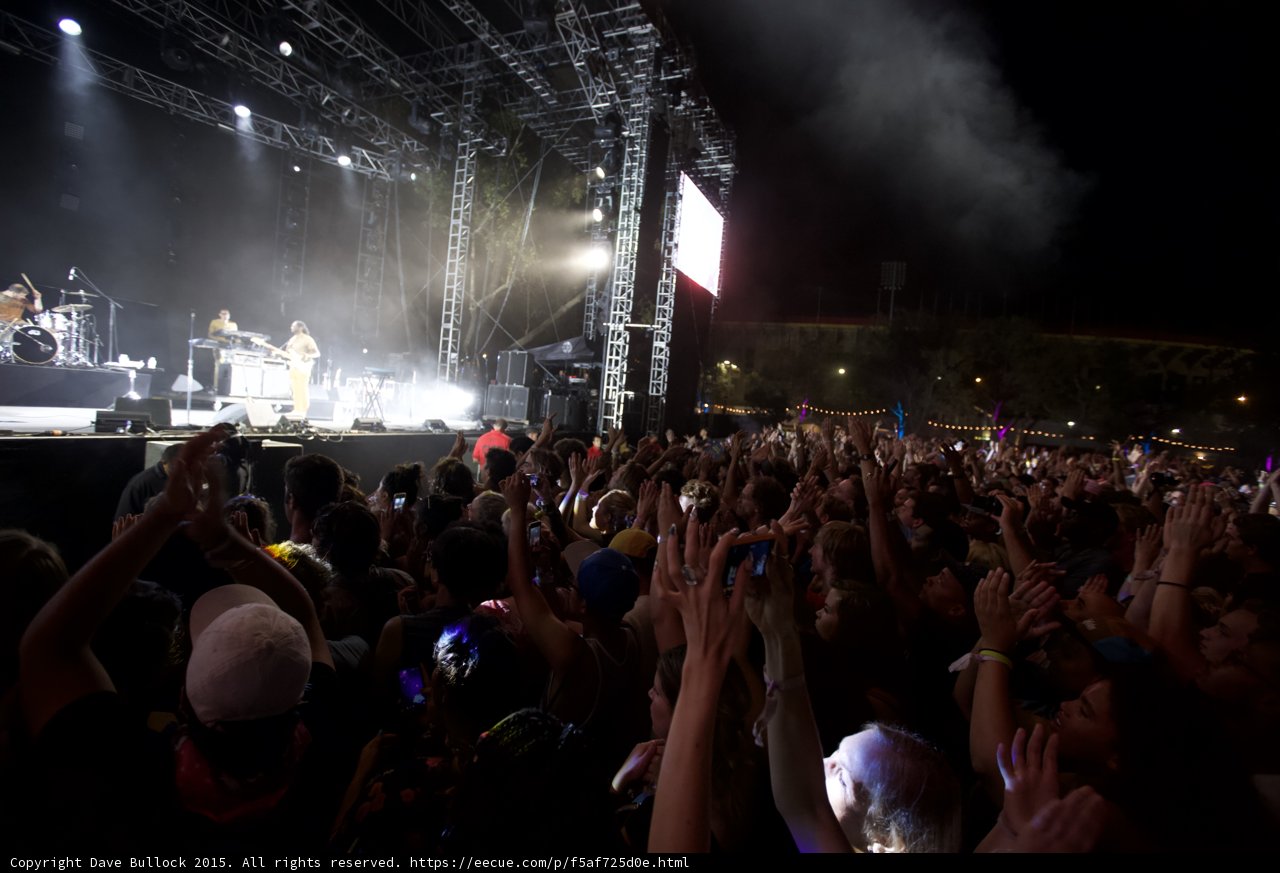 FYF Fest Wide Crowd Stage Drummer Guitarist Video Screen Arms Raised Night