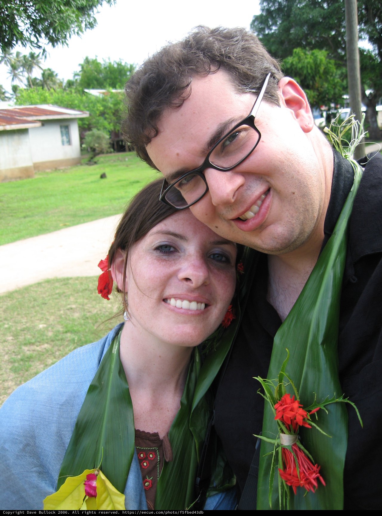 Couple Adorned with Tropical Leis in Fiji