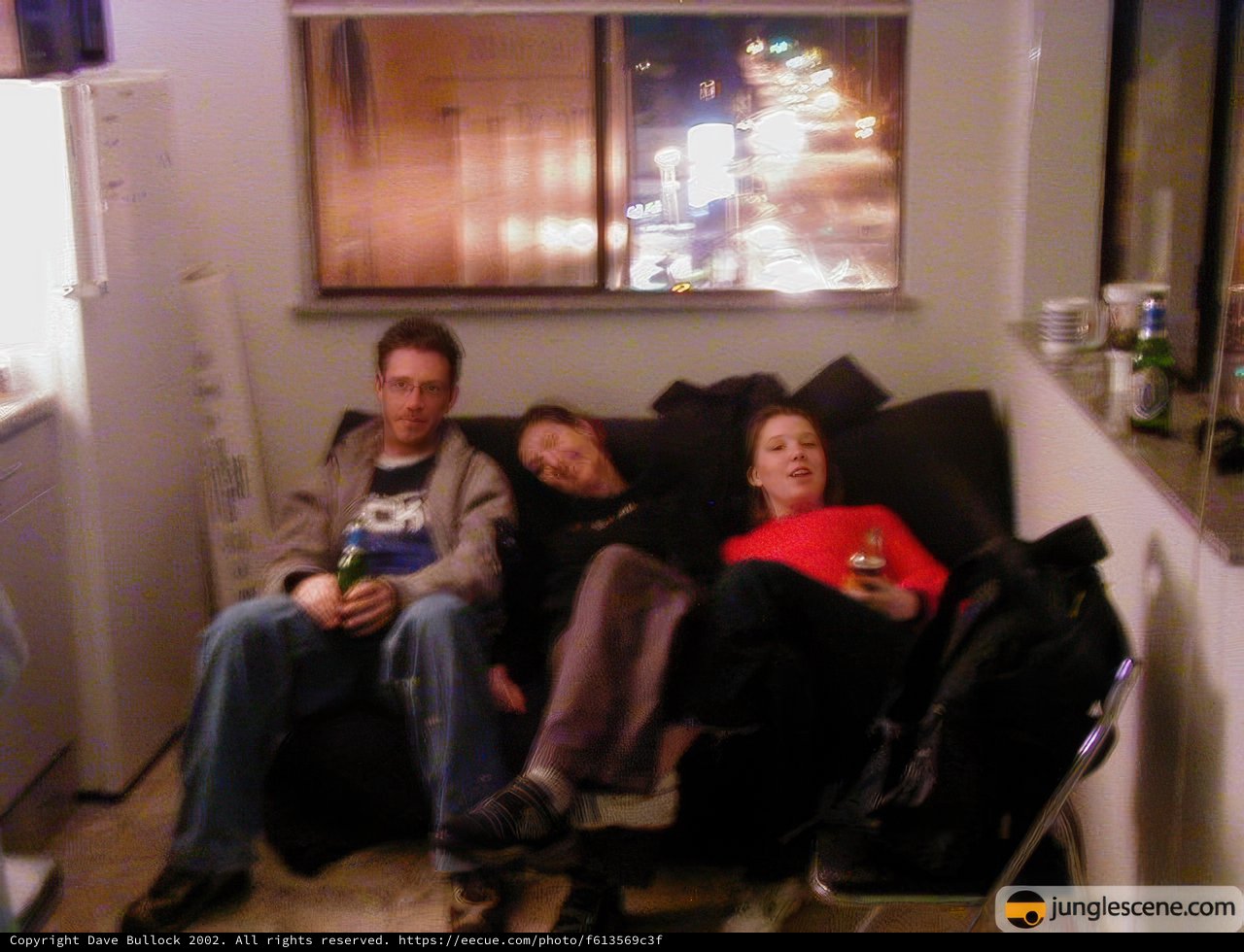Three People Relaxing on a Cozy Living Room Couch