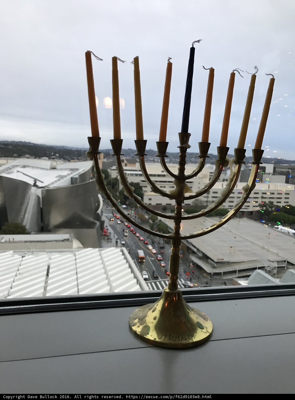 Golden Hanukkah Menorah Shines Outdoors