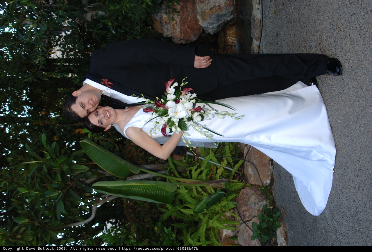Elegant Bride and Groom Pose in Garden Setting