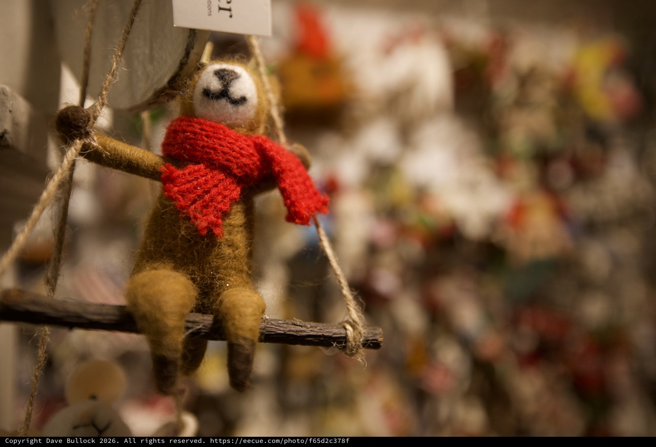 Felted Sloth Ornament with Red Scarf on Swing