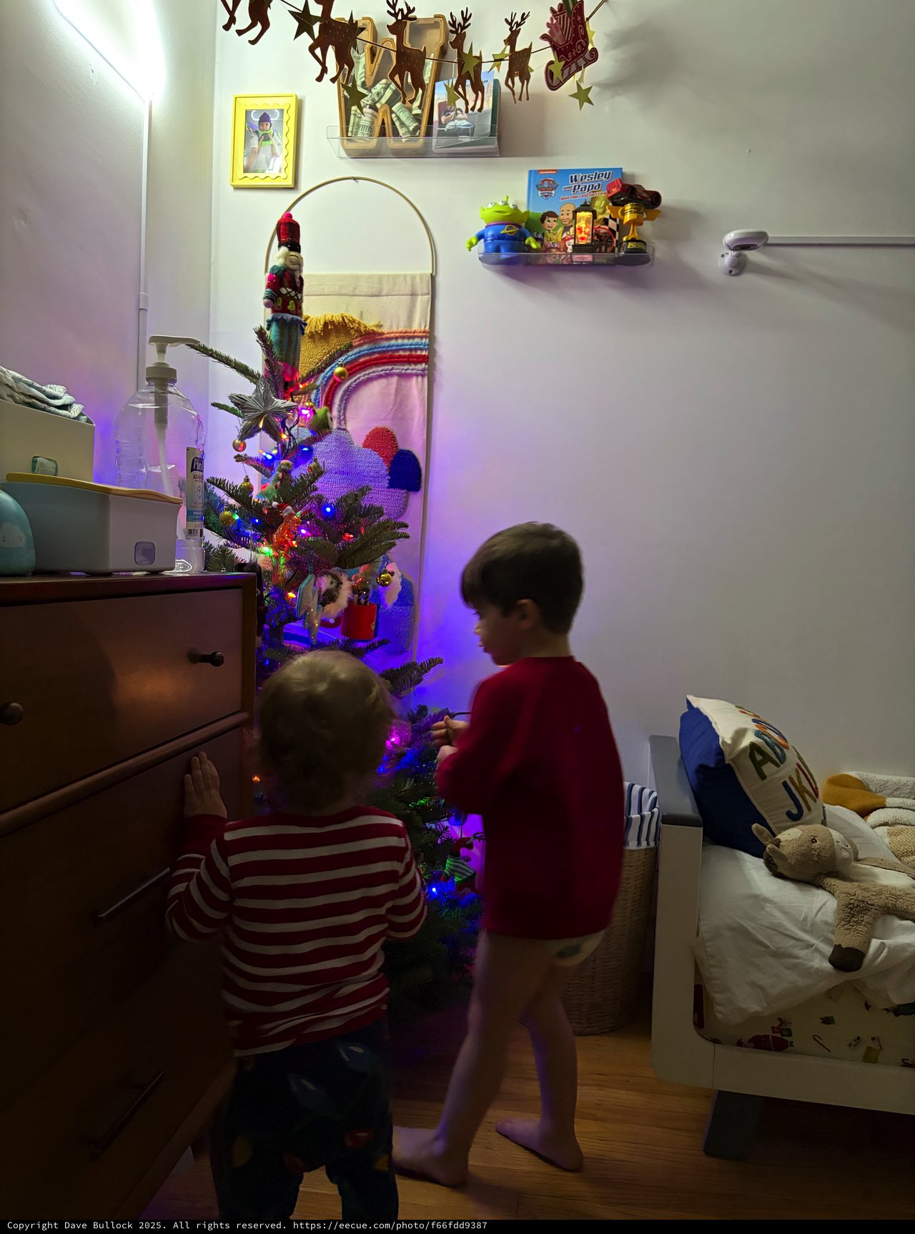 Children Decorating Small Christmas Tree in Bedroom
