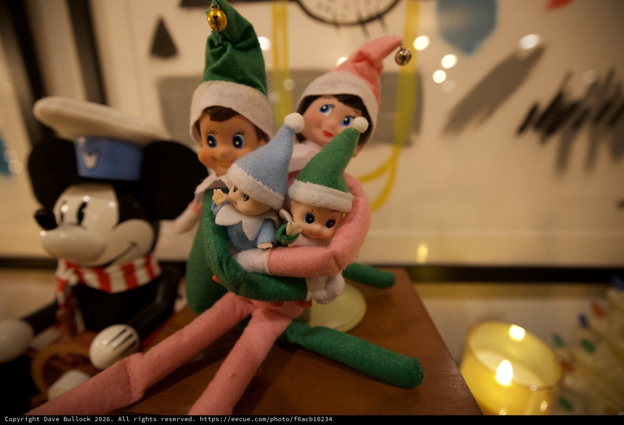 Elf on the Shelf Family with Mickey Mouse Ornaments