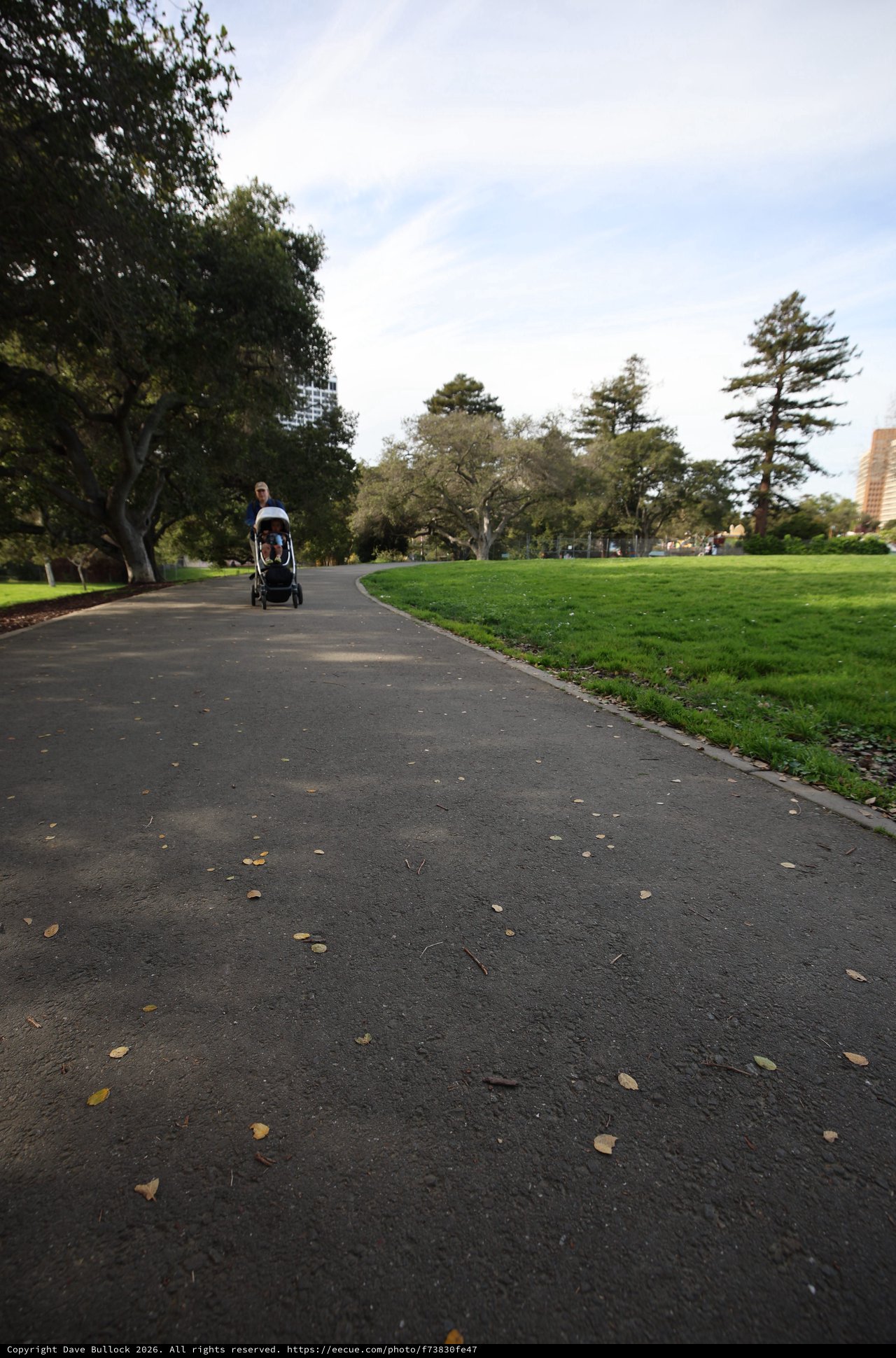 Peaceful Park Path with Parent and Stroller
