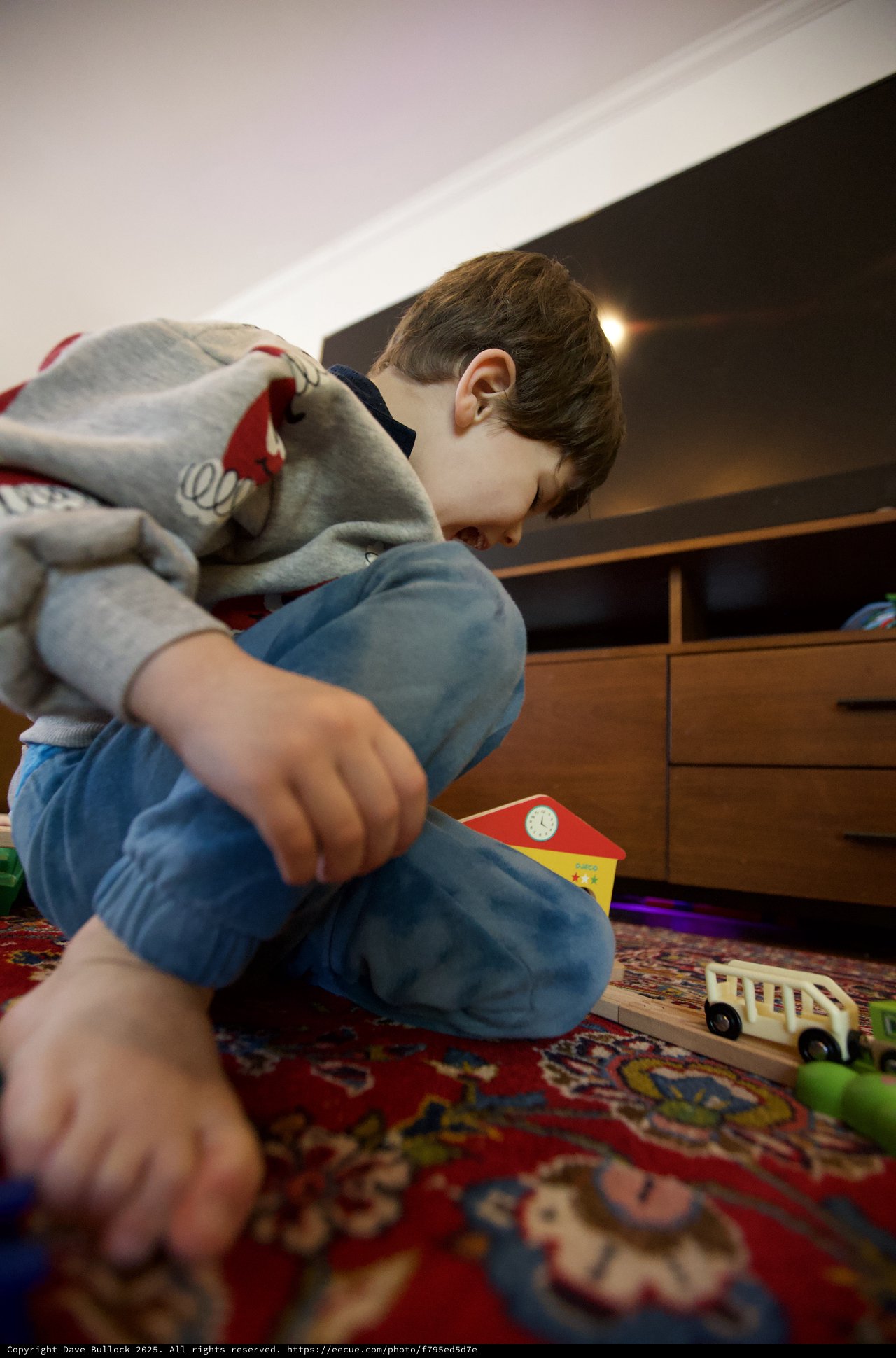 Young Child Playing with Wooden Toys at Home