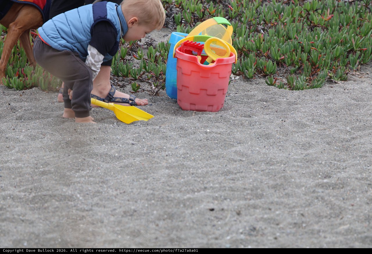 Toddler Explores Sandy Beach with Colorful Toys