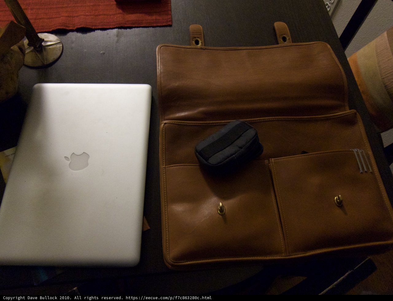 Laptop and Leather Bag on Table