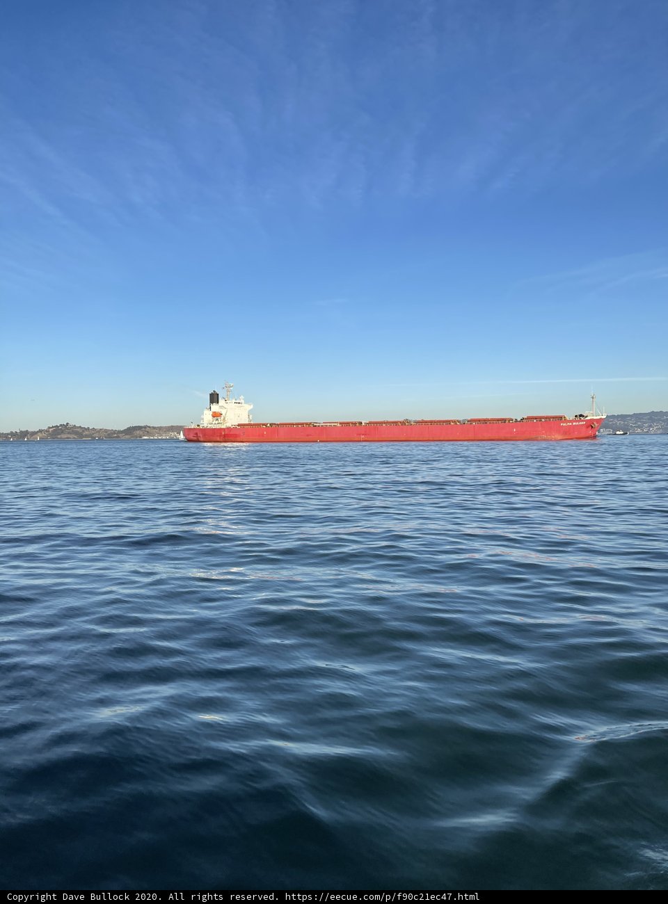 Red Cargo Ship Sailing Across San Francisco Bay