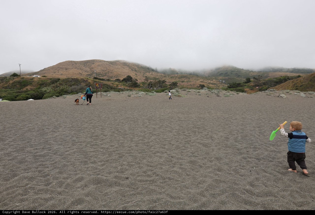 Toddler Plays on Foggy California Coastal Beach