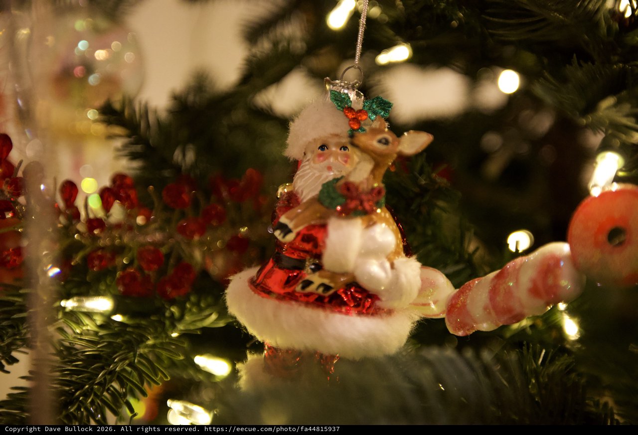 Santa and Reindeer Christmas Tree Ornament Close-Up
