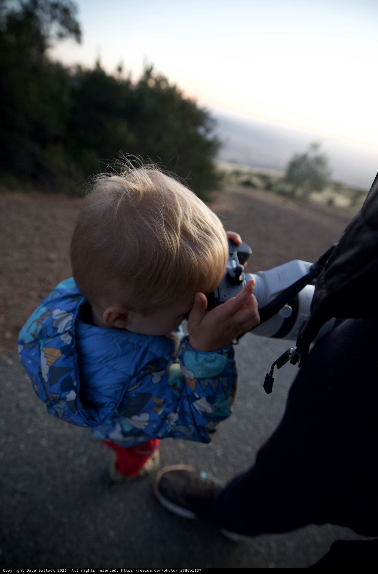 Tiny Photographer Explores Camera at Mountain Overlook