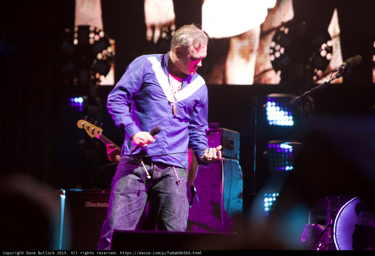 Morrissey Looking Down Mic Cord Blue Shirt Necklaces Bass Headstock Blackstar Smiths Dangling Hands Screen LED Drum Head