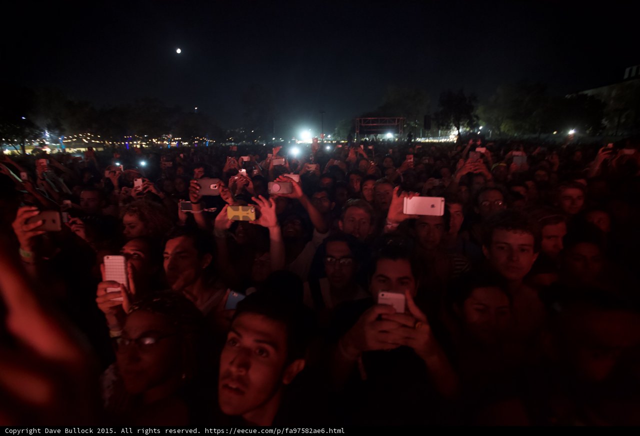 FYF Fest Sharp Crowd Many Faces Moon Night Phones Yellow Case Stage Scaffolding Red Lighting