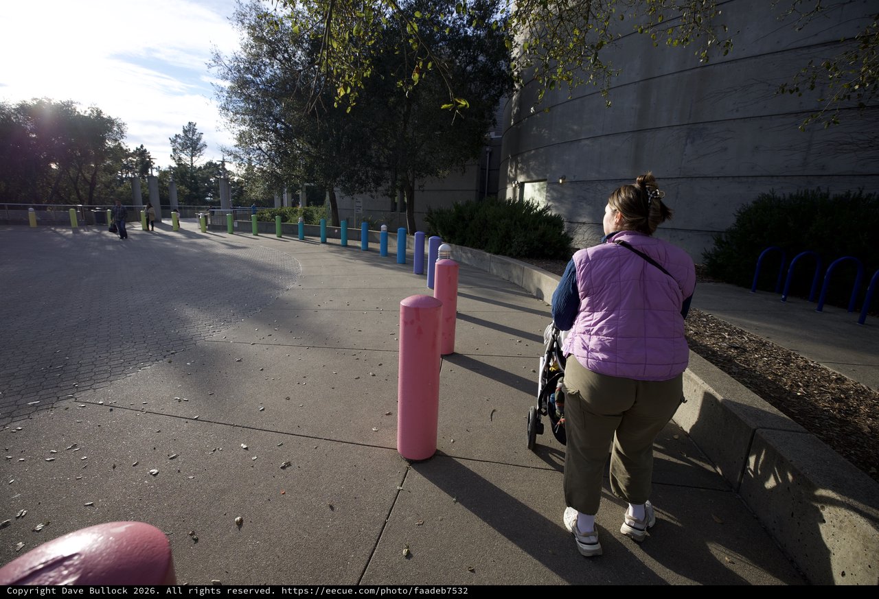 Woman Walking Past Colorful Posts at Chabot Space Center