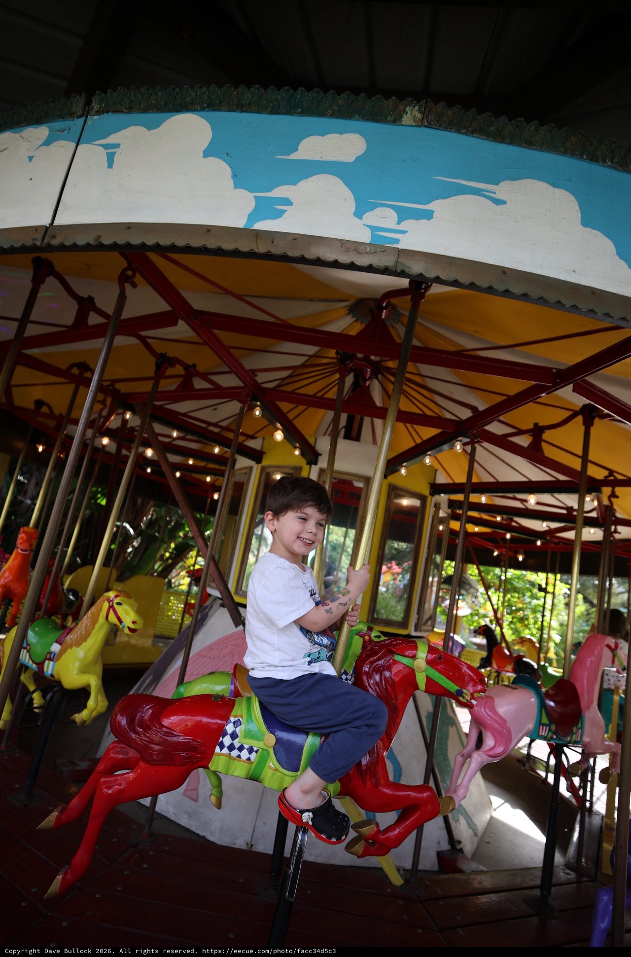 Child Riding Colorful Carousel Dragon at Fantasyland