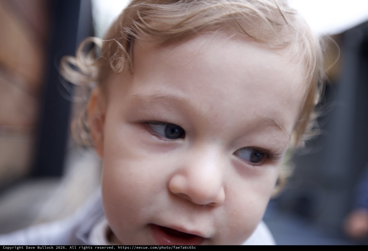 Curious Toddler with Blonde Curls Close-Up Portrait