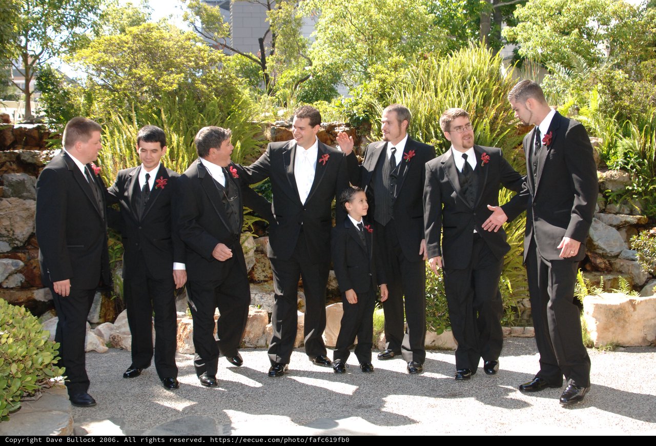 Groomsmen Gather in Garden Before Wedding Ceremony