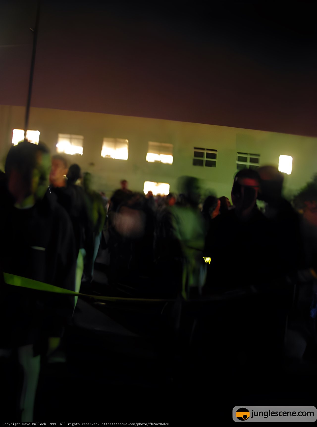 Drum and Bass Gathering in Green-Lit Warehouse, 1999