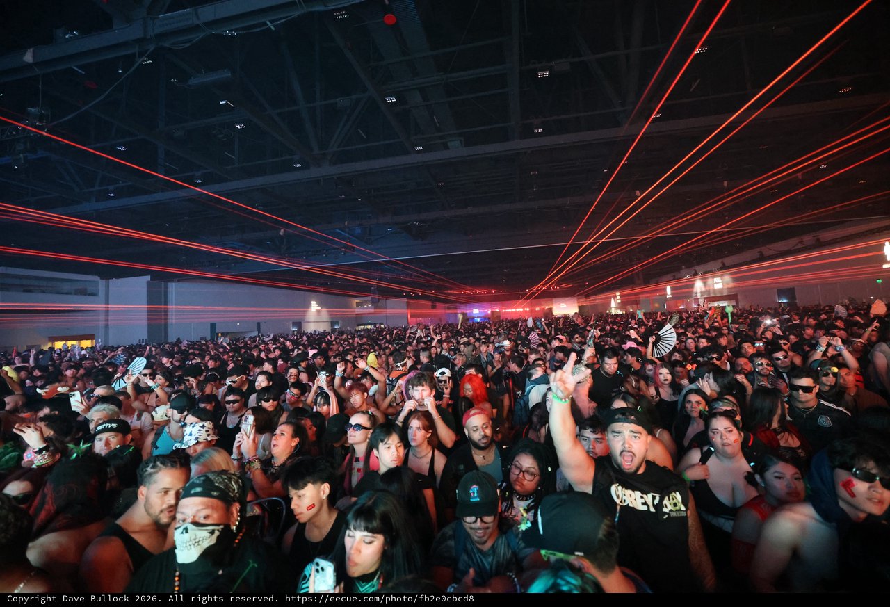 Red Laser Light Show Over Massive Rave Crowd