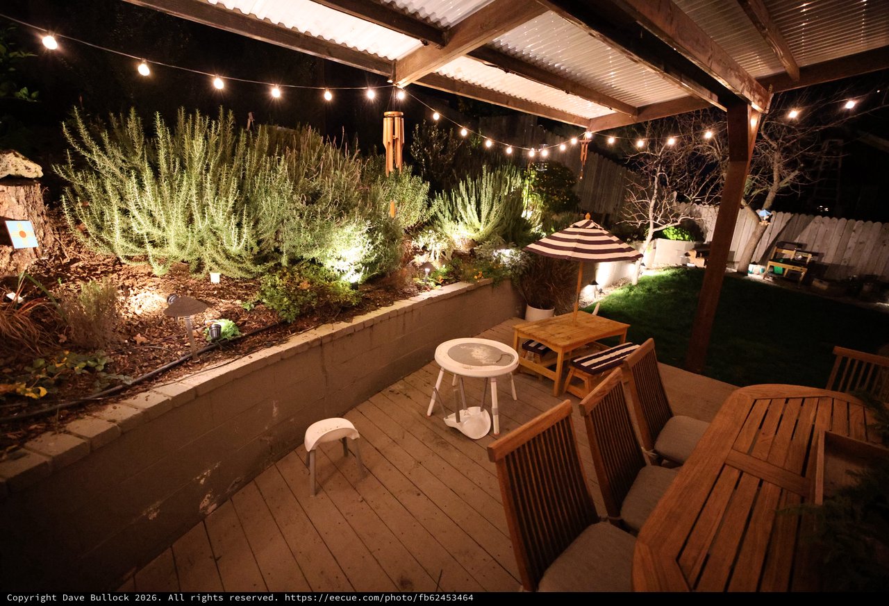 Cozy Backyard Patio with String Lights at Night