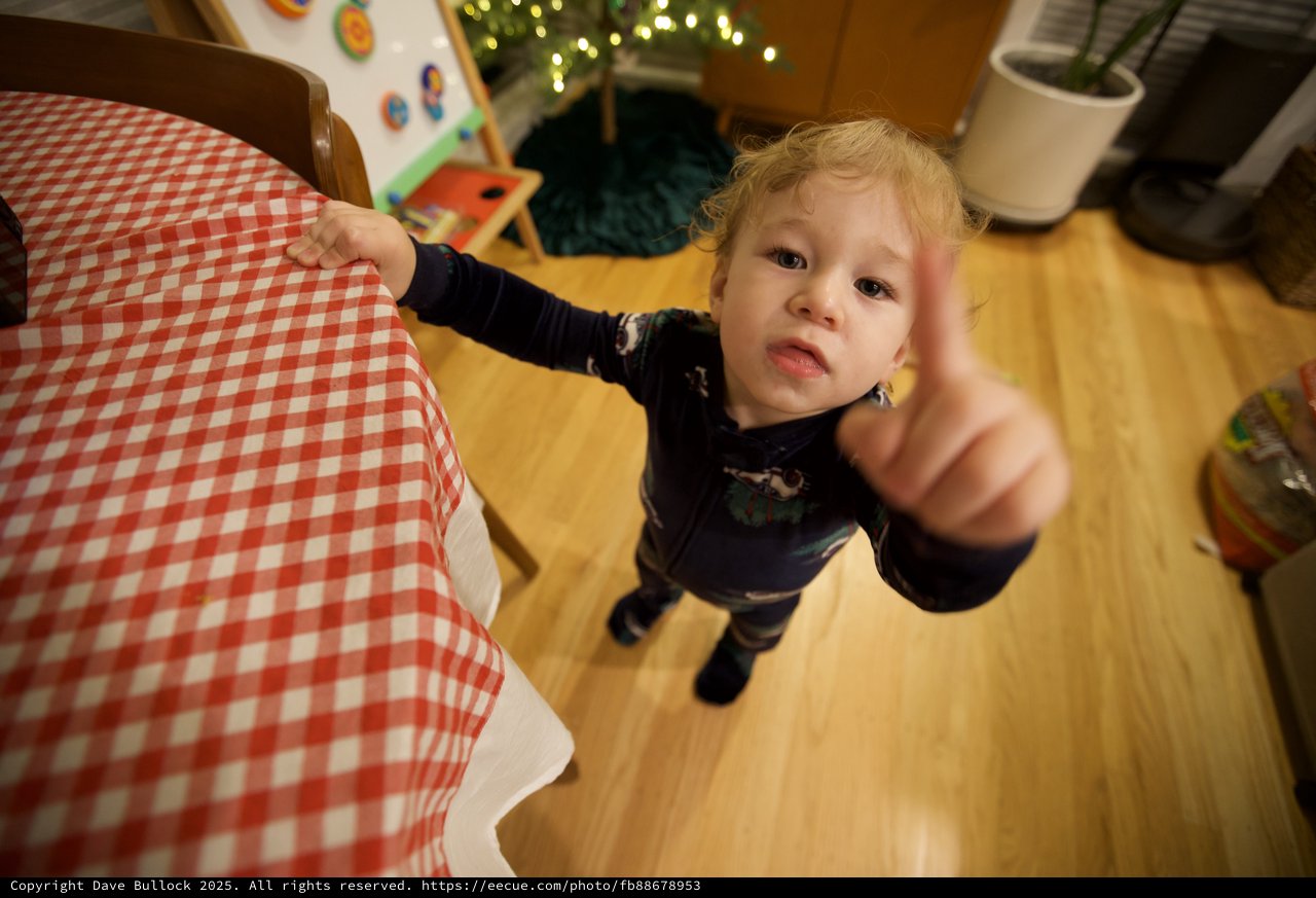 Toddler Pointing at Camera in Cozy Home Setting