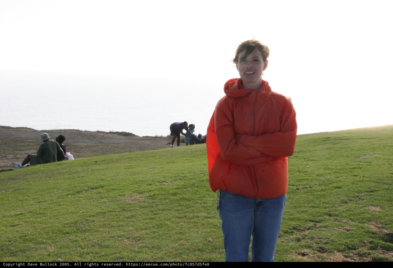 Woman in Red Hoodie on Coastal Hillside at Dusk