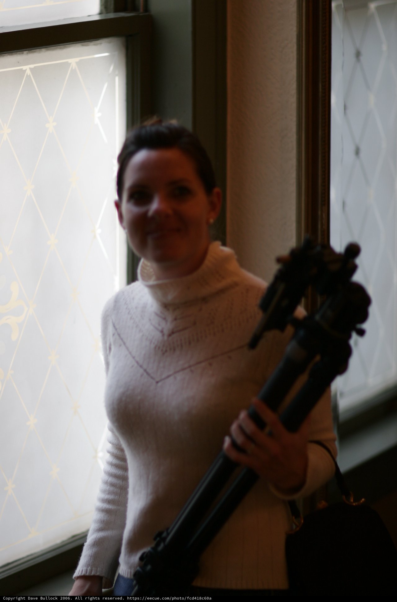 Woman with Tripod in Frosted Glass Entryway