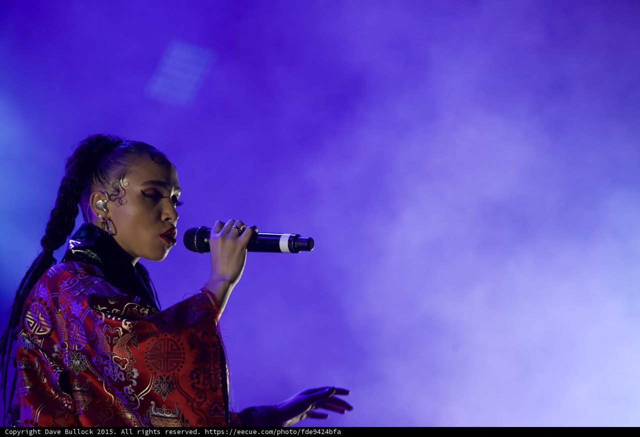 FKA twigs Profile Portrait Singing Graceful Hand Extended Baby Hairs Hoop Earrings Septum Ring Red Lipstick Braided Ponytails Kimono Gold Chinese Patterns Rings Purple Haze