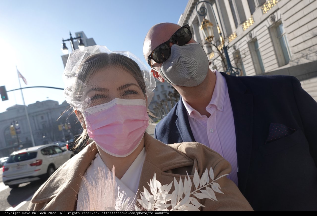 Masked Couple's Urban Wedding Day Portrait
