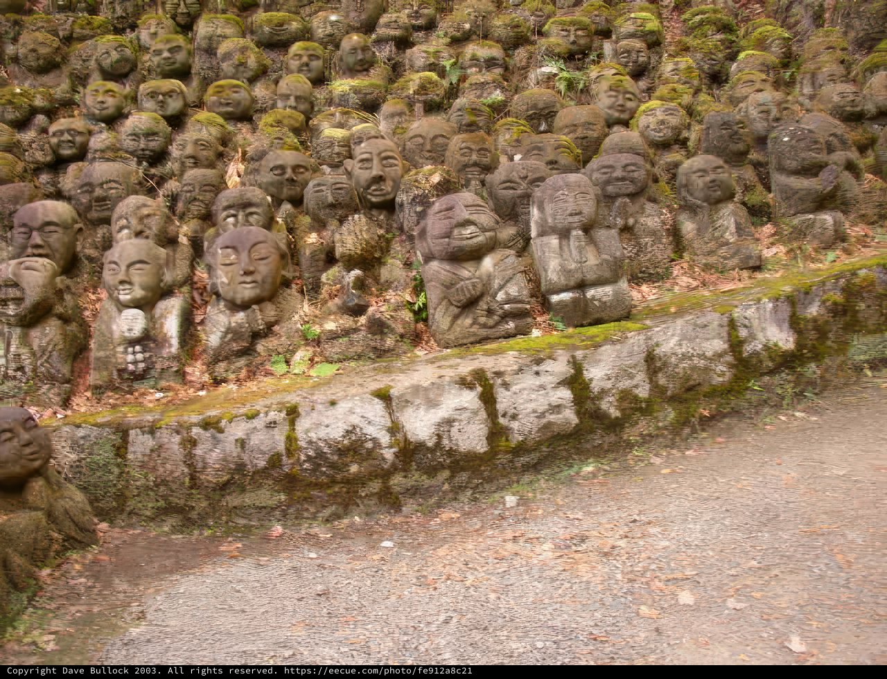 Stone Head Sculptures in the Forest