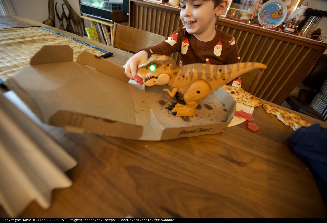 Child Playing with Dinosaur Toy at Christmas Pizza Dinner