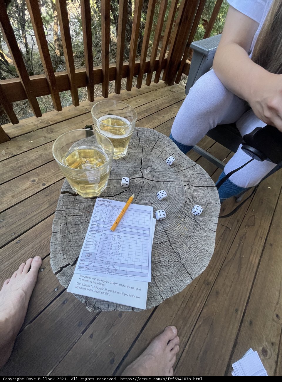 Relaxing on the Deck Caption: A person enjoys a drink and a game of dice on a wooden deck in the tranquil setting of Stanislaus National Forest.