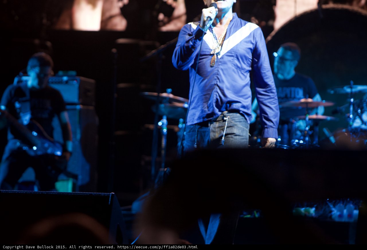 Morrissey Full Body Blue Shirt Necklaces Drummer Capitol Tee Bassist Smiths Video Screen Crowd
