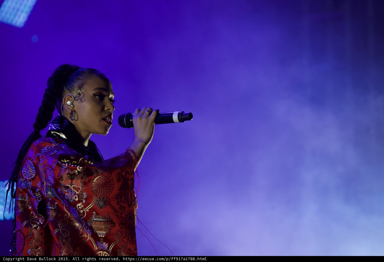 FKA twigs Profile Portrait Singing Baby Hairs Hoop Earrings Septum Ring Braided Ponytails Kimono Gold Chinese Patterns Purple Atmospheric Haze LED Panel