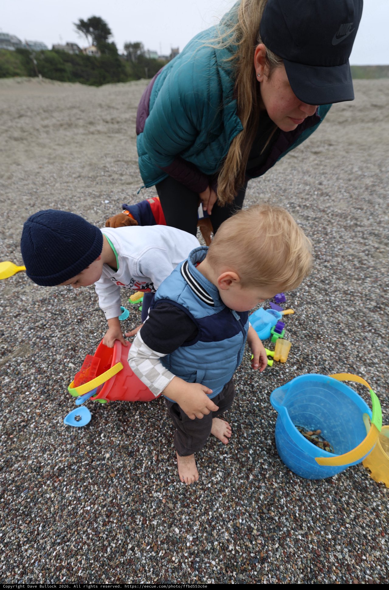 Toddlers Exploring Pebble Beach with Mom