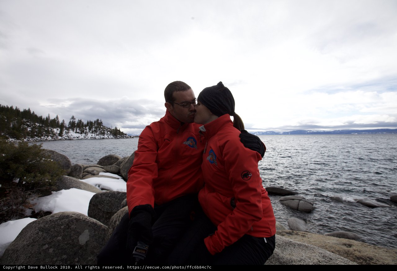 Winter Romance at Lake Tahoe's Rocky Shore