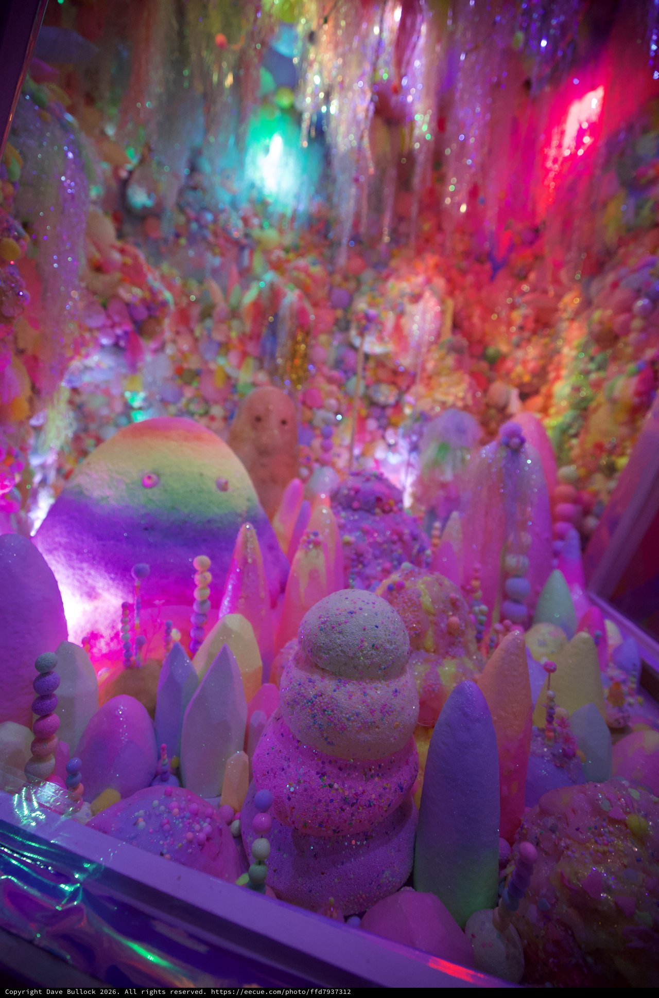 Psychedelic Winter Wonderland Art Installation with Vibrant Lights