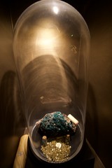 Turquoise Mineral and Gold Specimens Under Glass Display