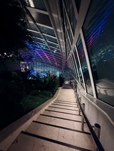 Modern Architectural Stairway with Neon-Lit Sky Garden at Night