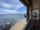 A Woman and Her Dog Enjoying the Scenery from a Hotel Balcony Overlooking the Ocean