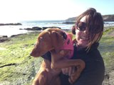 Woman and Vizsla on Carmel Beach