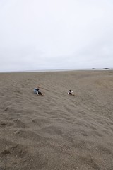 Two Children Playing on a Vast Grey Beach